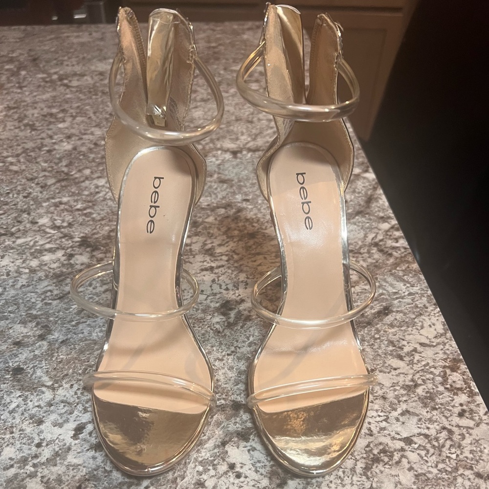 bebe, gold and clear, heels